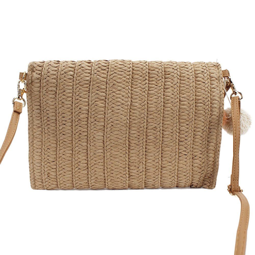 Straw Shoulder Bag Woven Pom Pom Clutch Envelope Purse Wallet Casual :P - Picture 4 of 6